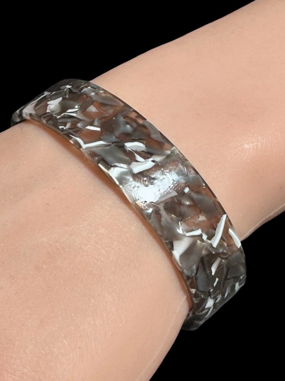 Cuff Bracelet Black White Gray Acrylic Lightweight Confetti Style Womens Jewelry